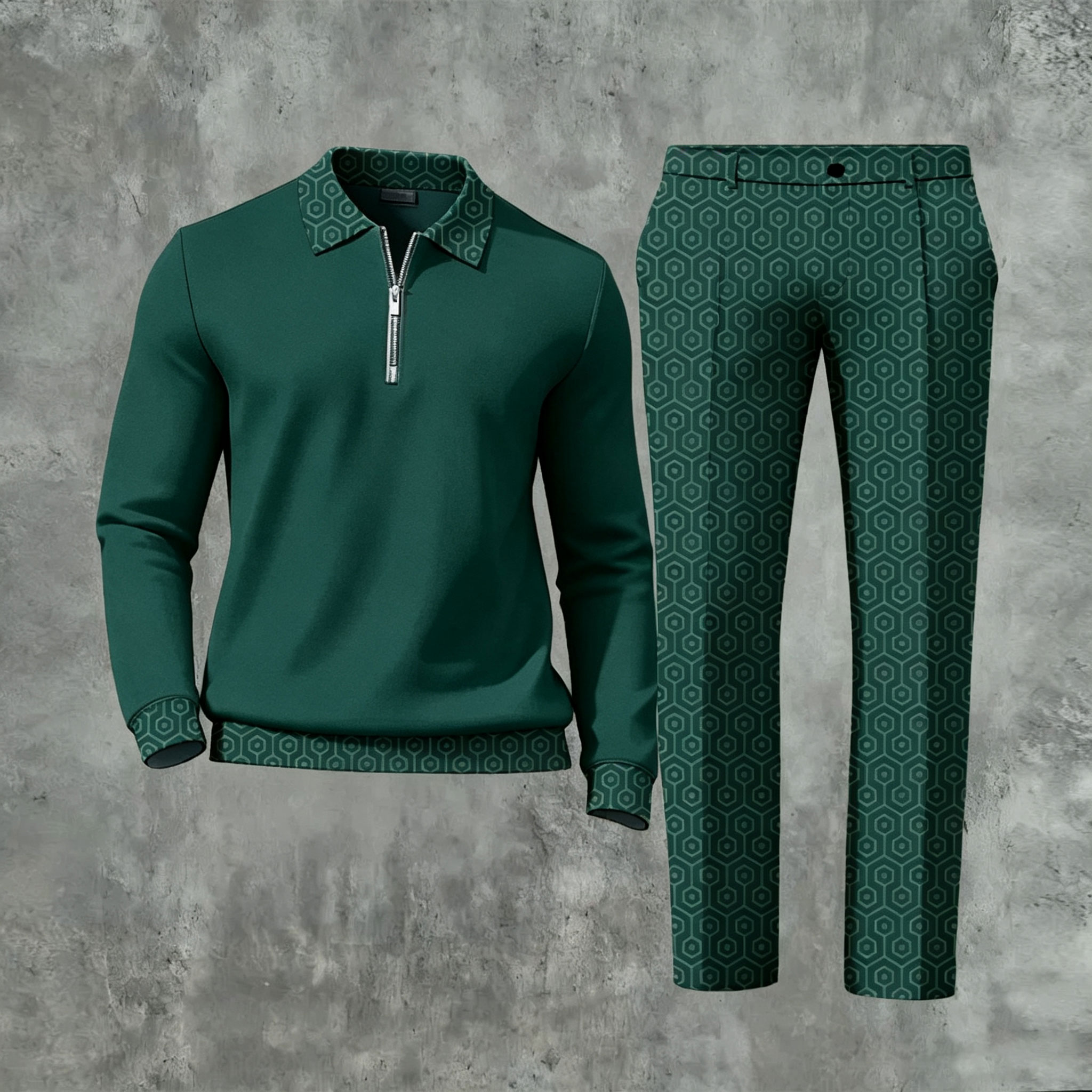 Men's Casual Color Matching Printed Polo-Collar Zipper Long Sleeved Trousers Two-Piece Set 1120