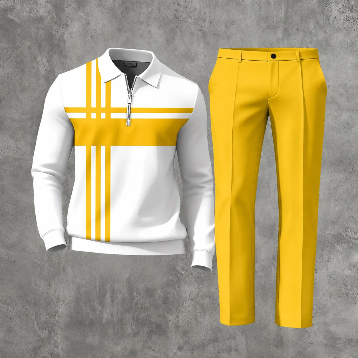 Men's Casual Maroon & White Color Matching Striped Printed Polo-Collar Zipper Long Sleeved Trousers Two-Piece Set
