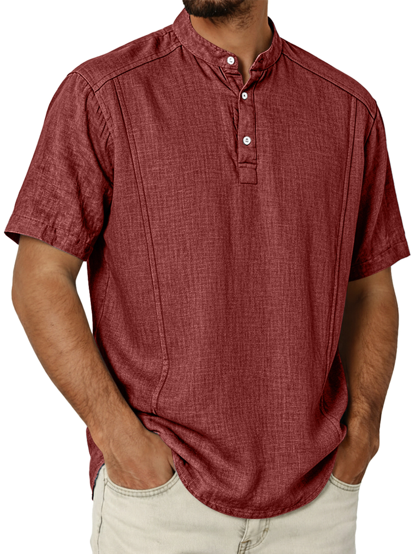 Men's Cotton And Linen Deconstructed Design Casual And Comfortable Short-sleeved Henley Shirt