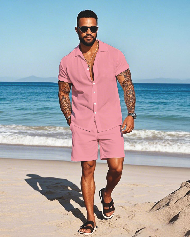 Men's Fashion Casual Lapel Collar Solid Color Short-Sleeved Two-Piece Set