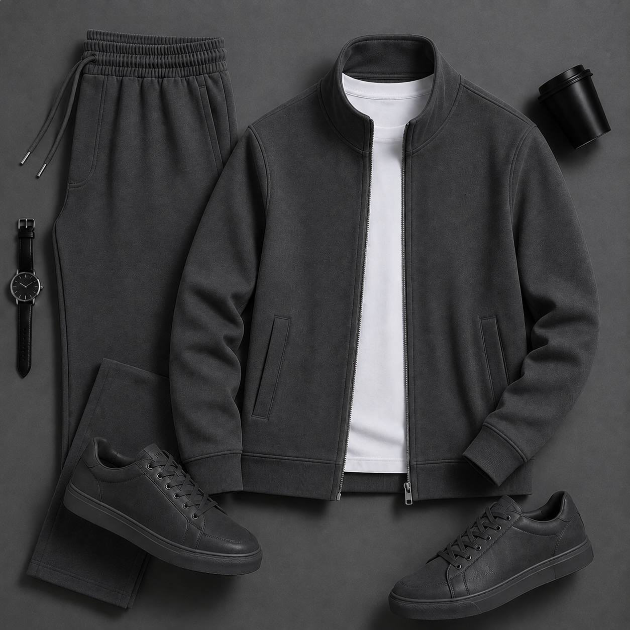 Men's Casual Zip-Up Jacket and Pants  Two Piece Set