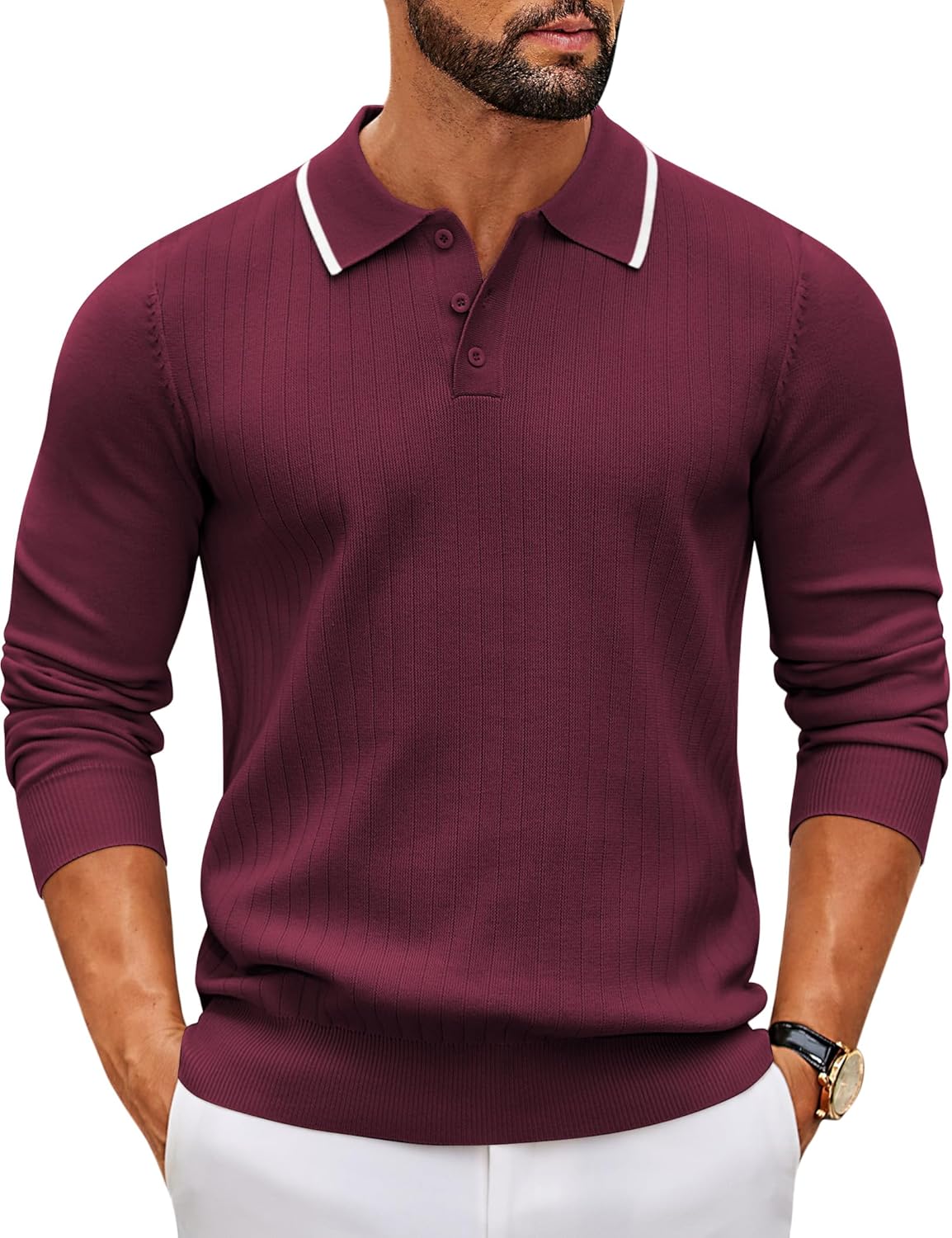 Men's Polo Neck Long Sleeve Fine Knit Button Down Button Down Jumper Leisure Style Basic Regular Fit