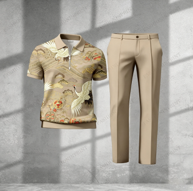 Men's Casual Royal Green Crane Short-Sleeved Half-Zip Polo Shirt And Royal Green Trousers Two-Piece Set