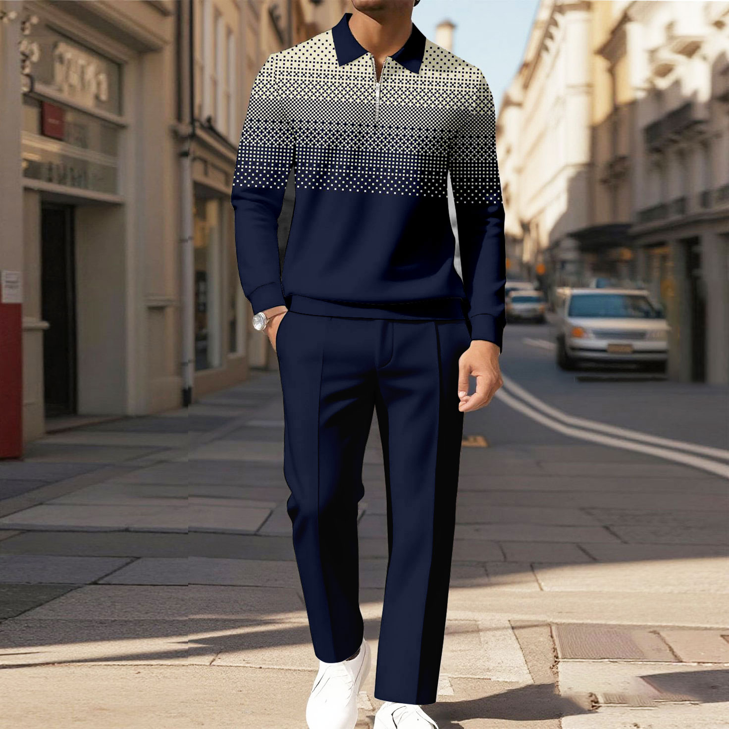 Men's Casual Color Matching Printed Polo-Collar Zipper Long Sleeved Trousers Two-Piece Set 1015