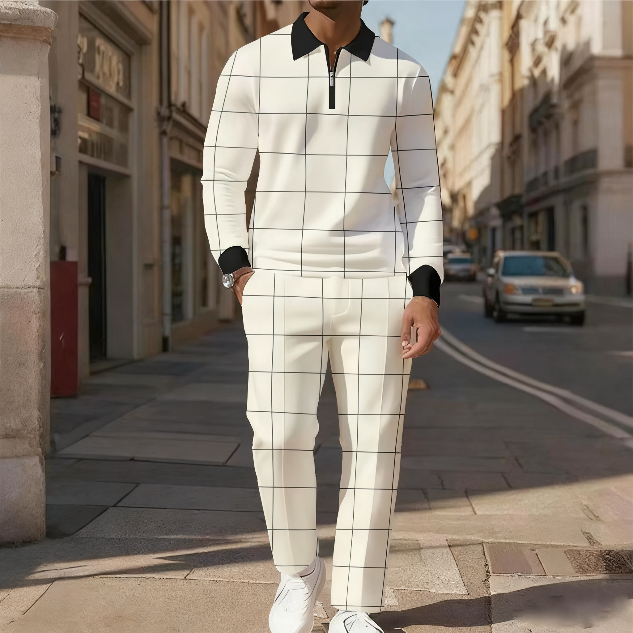 Men's Casual Color Matching Printed Polo-Collar Zipper Long Sleeved Trousers Two-Piece Set 1011