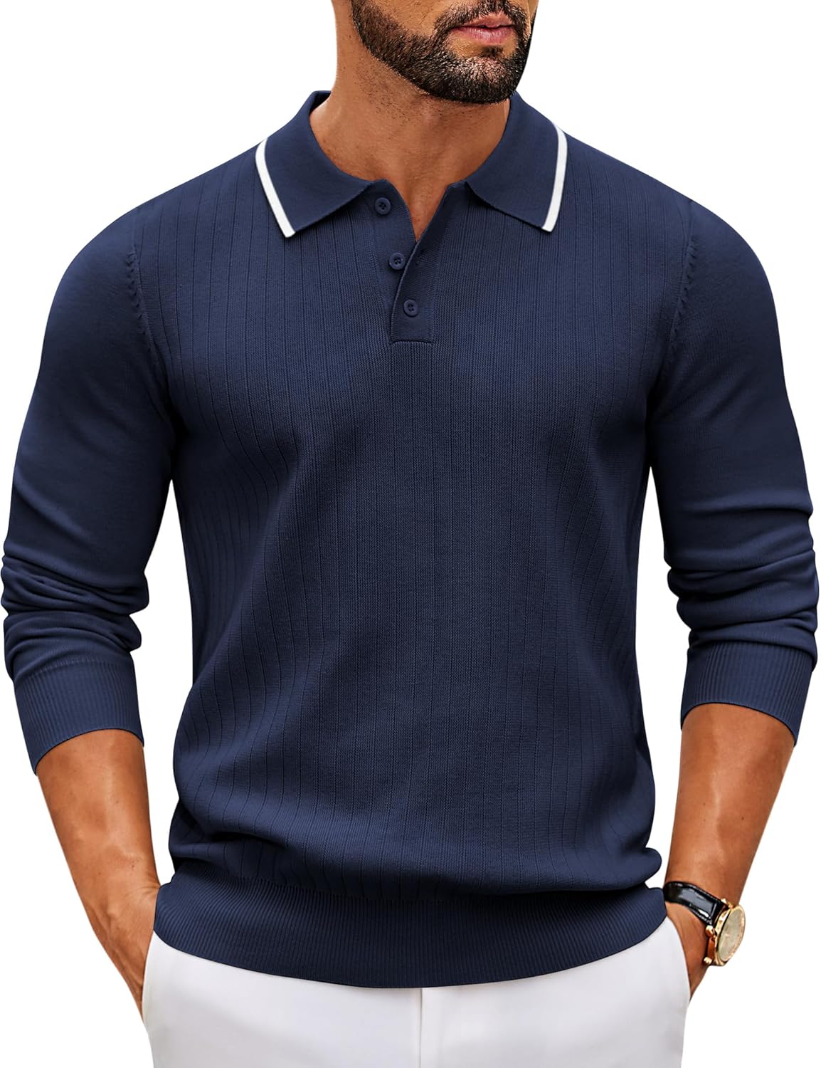 Men's Polo Neck Long Sleeve Fine Knit Button Down Button Down Jumper Leisure Style Basic Regular Fit