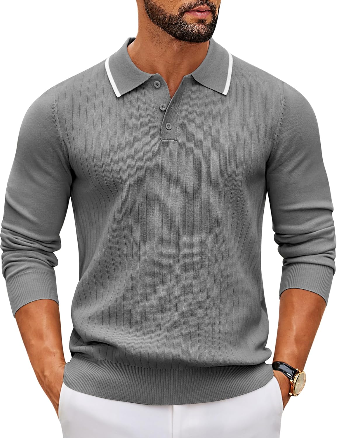 Men's Polo Neck Long Sleeve Fine Knit Button Down Button Down Jumper Leisure Style Basic Regular Fit