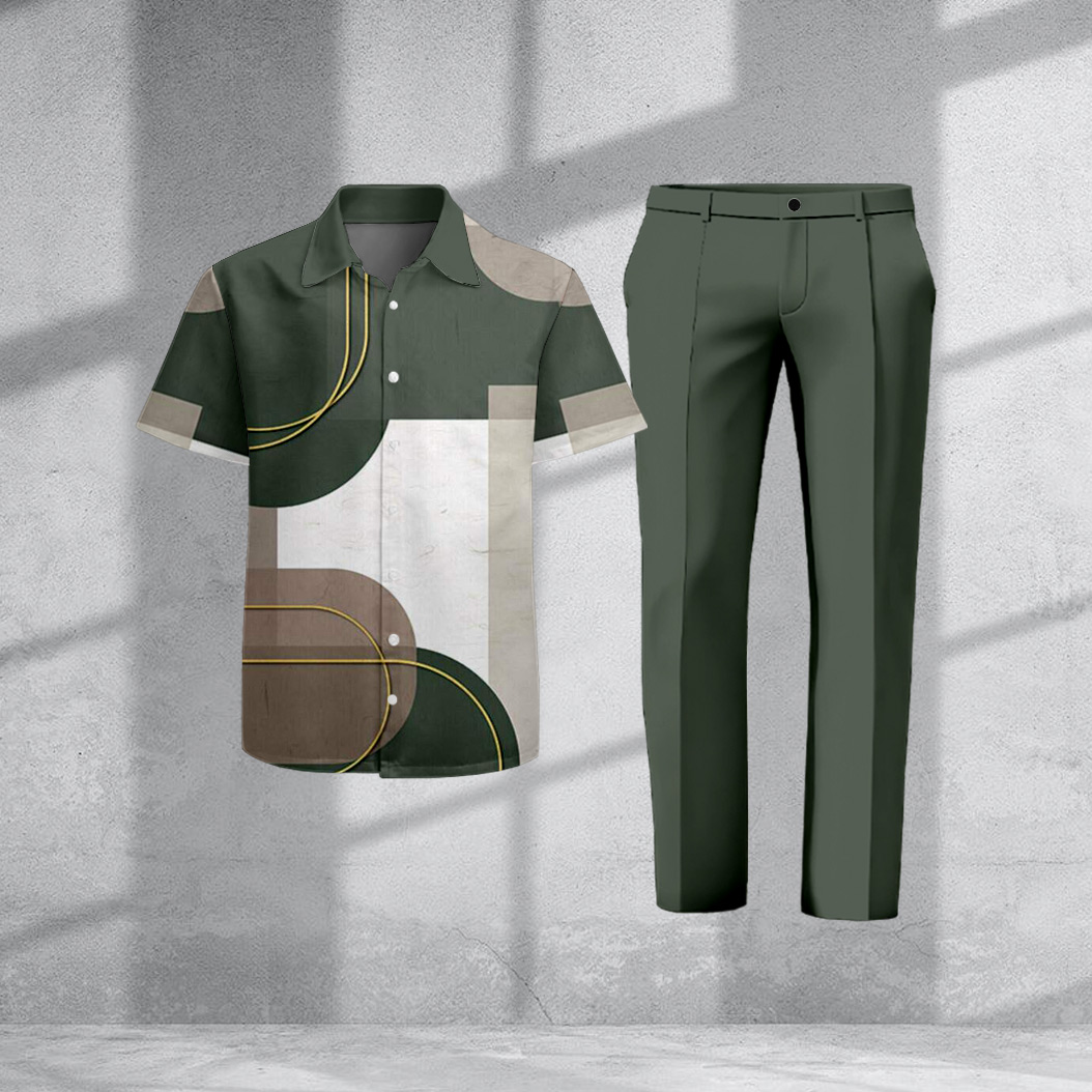 Men's Casual Geometric Print Short-Sleeve Shirt And Pants Two-Piece Set