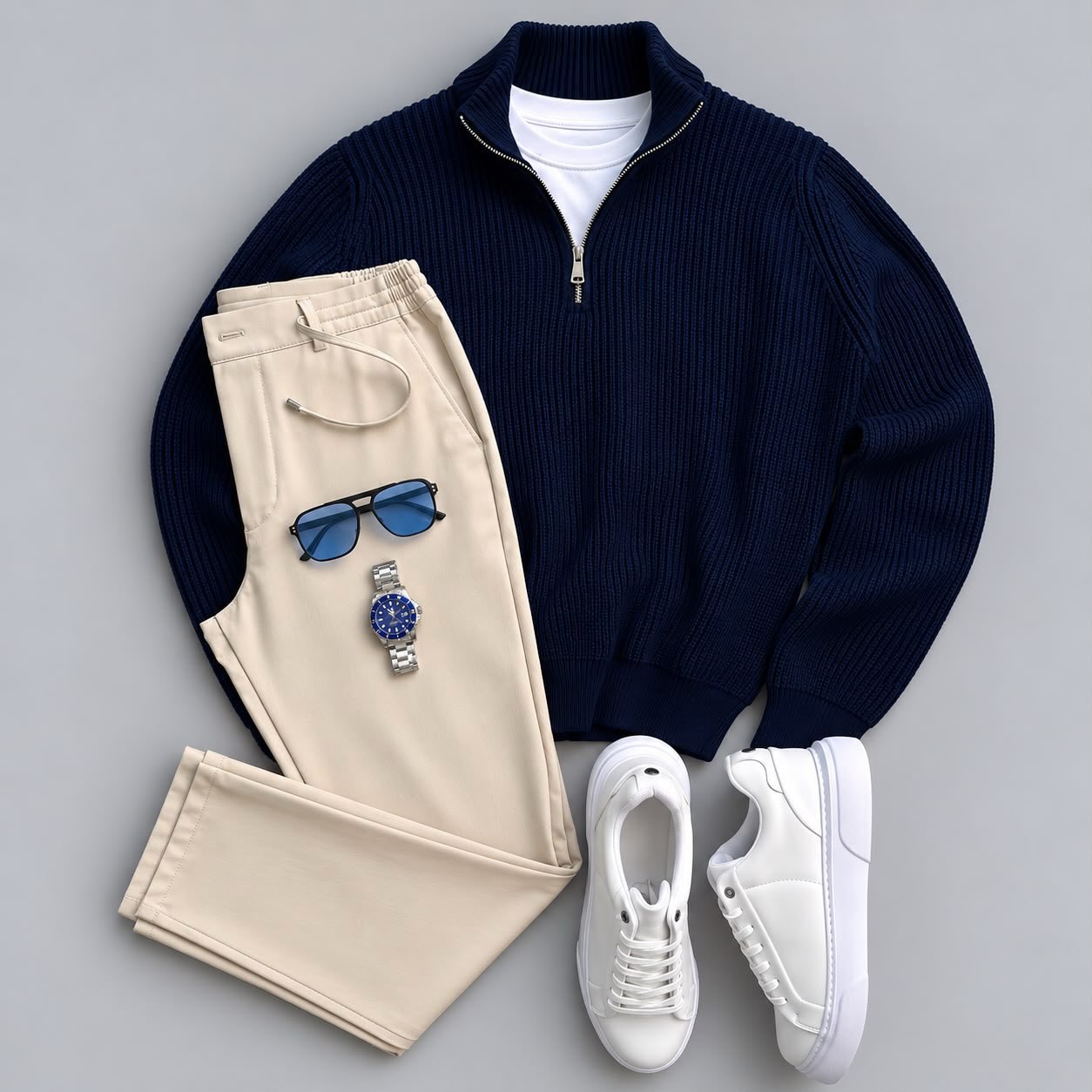Men's Classic Quarter-Zip Ribbed Knit Sweater & Pants 2-Piece Set