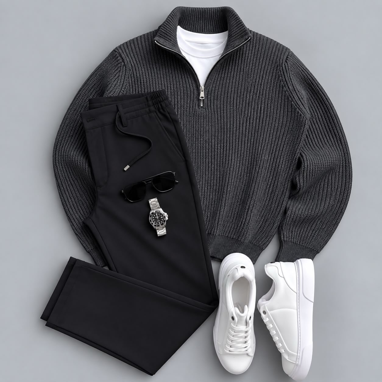 Men's Classic Quarter-Zip Ribbed Knit Sweater & Pants 2-Piece Set