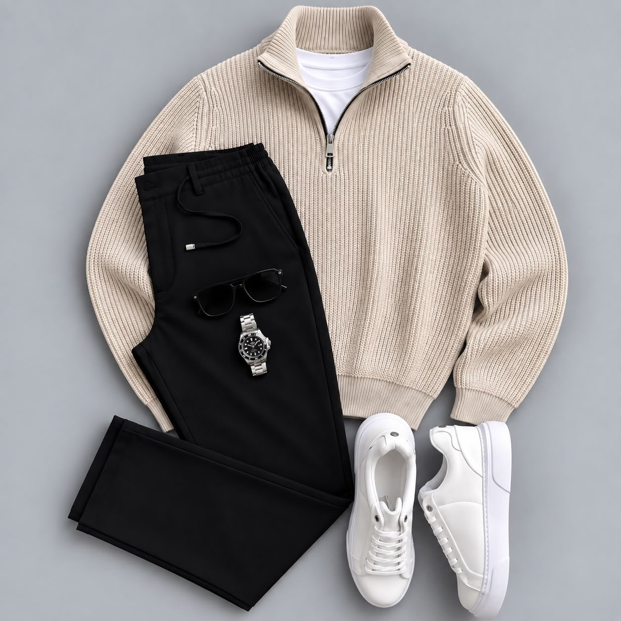 Men's Classic Quarter-Zip Ribbed Knit Sweater & Pants 2-Piece Set