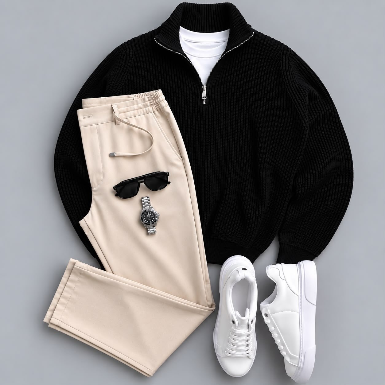 Men's Classic Quarter-Zip Ribbed Knit Sweater & Pants 2-Piece Set