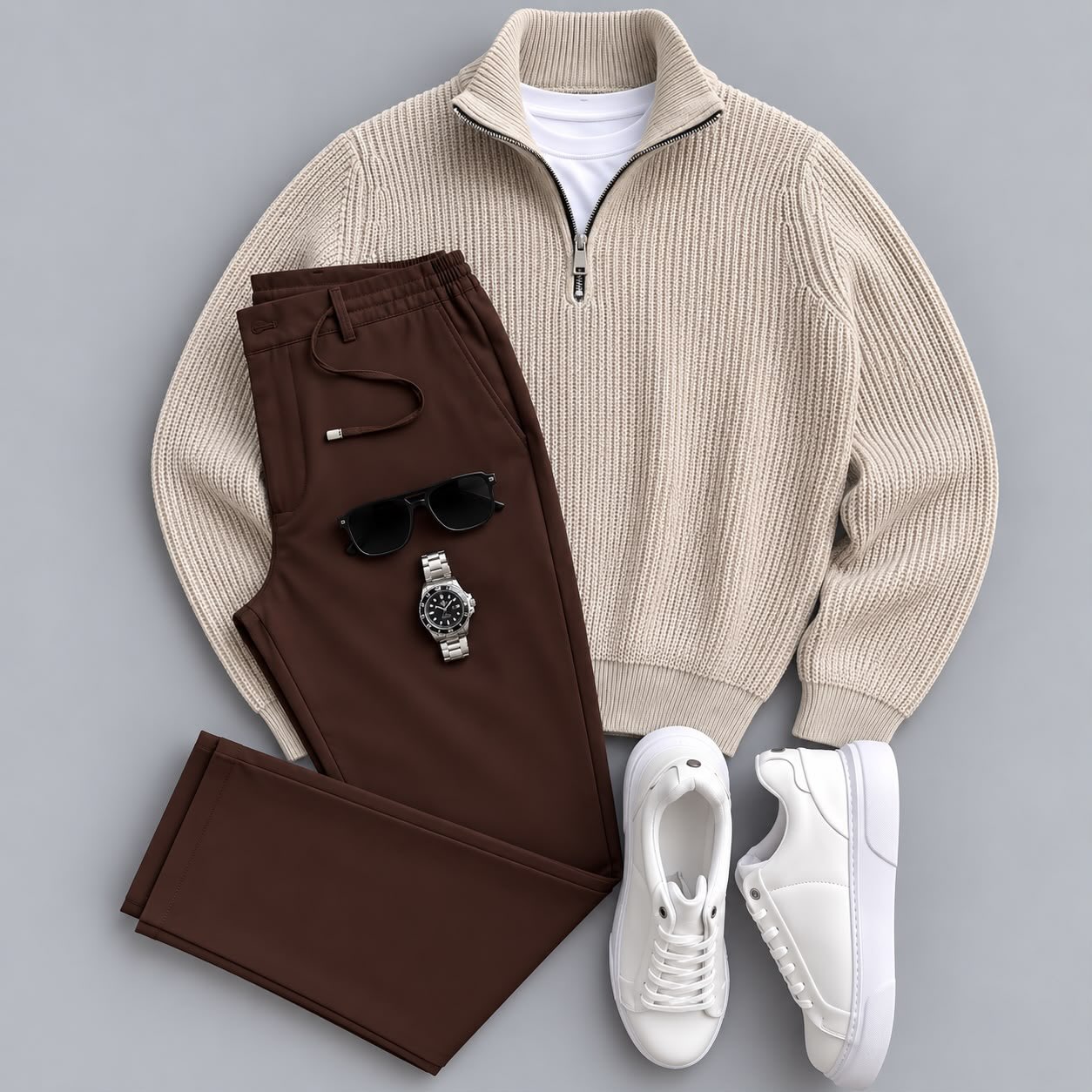 Men's Classic Quarter-Zip Ribbed Knit Sweater & Pants 2-Piece Set