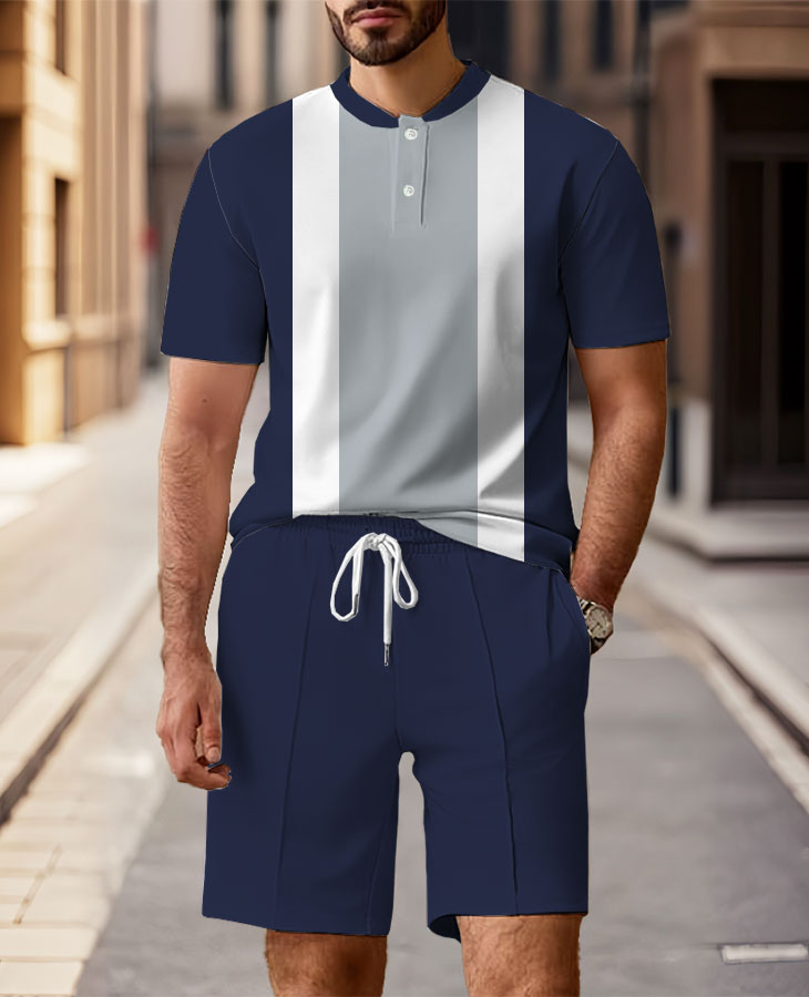 Men's Fashion Casual Round-Neck Geometric Printed Short-Sleeved Two-Piece Set