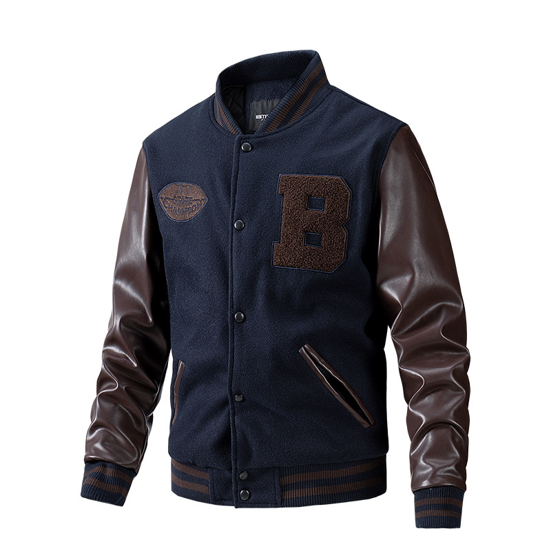 Men's Pocket Round Collar Plush And Thickened Embroidery Jackets