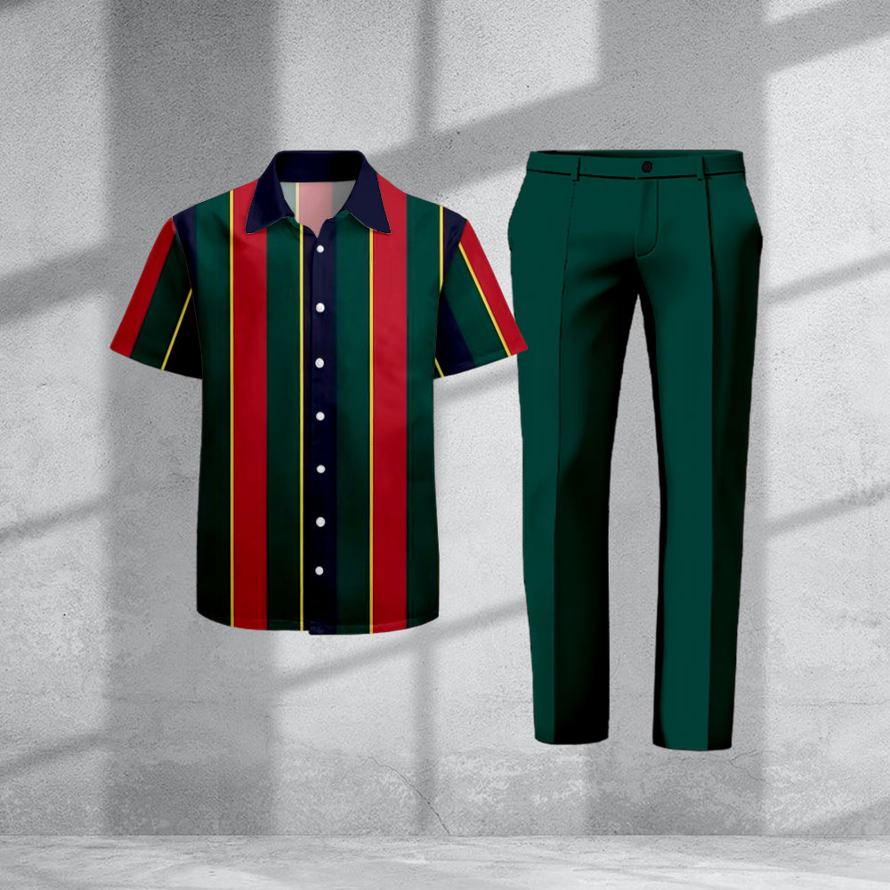 Men's Casual Red & Green Color Matching Striped Print Short-Sleeve Shirt & Trousers Two-Piece Set