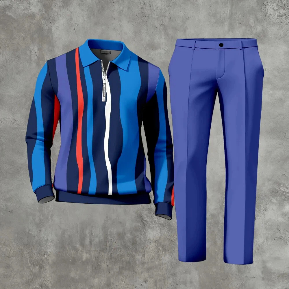 Men's Casual Color Matching Printed Polo-Collar Zipper Long Sleeved Trousers Two-Piece Set