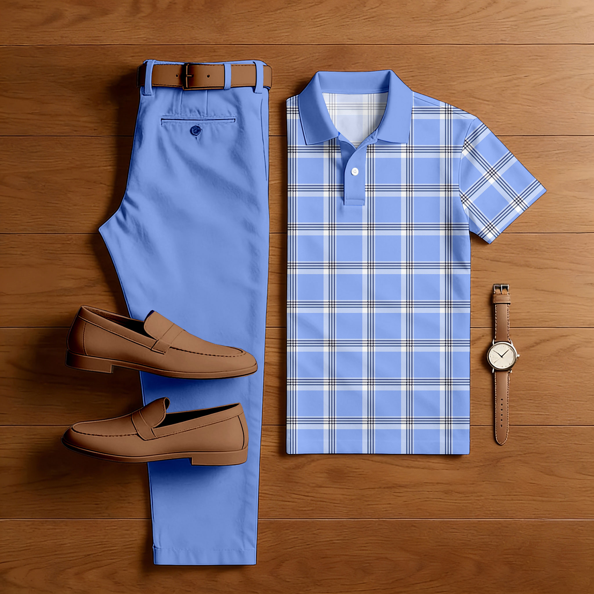 Men's Casual Blue & Black Color Matching Checkered Printed Short Sleeved Polo Shirt & Trousers Two-Piece Set