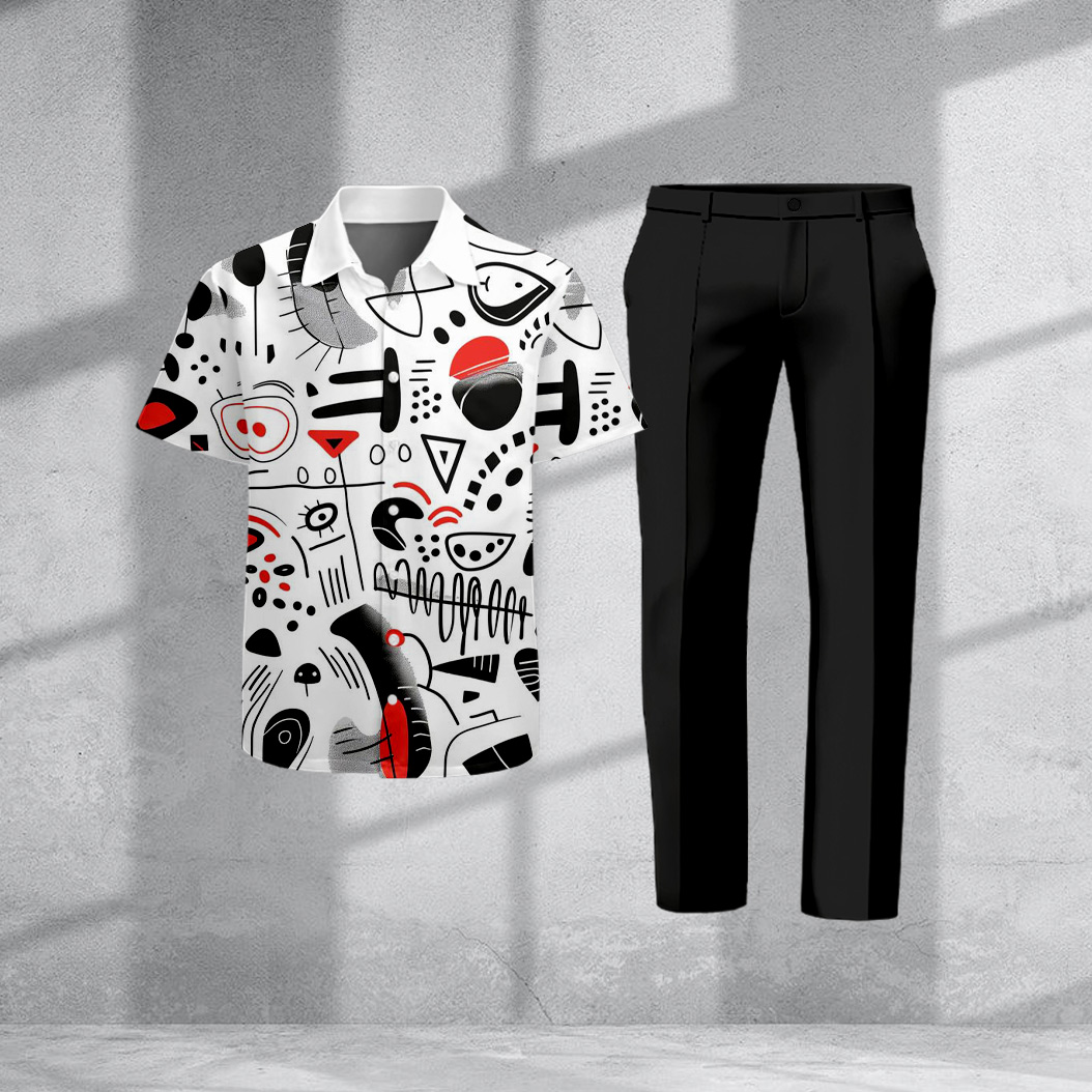 Men's Casual Cartoon Print Short-Sleeve Shirt And Pants Two-Piece Set