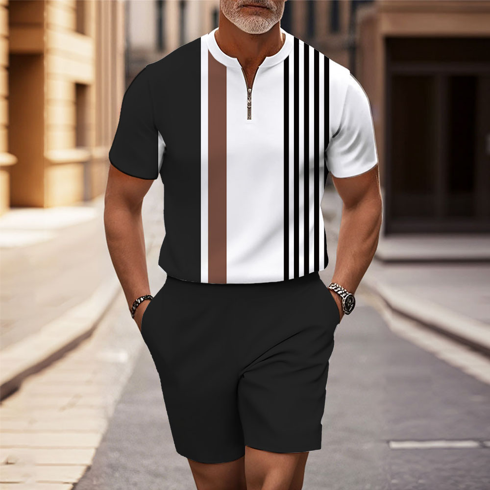 Men's Fashion Casual Round-Neck Geometric Printed Short-Sleeved Two-Piece Set