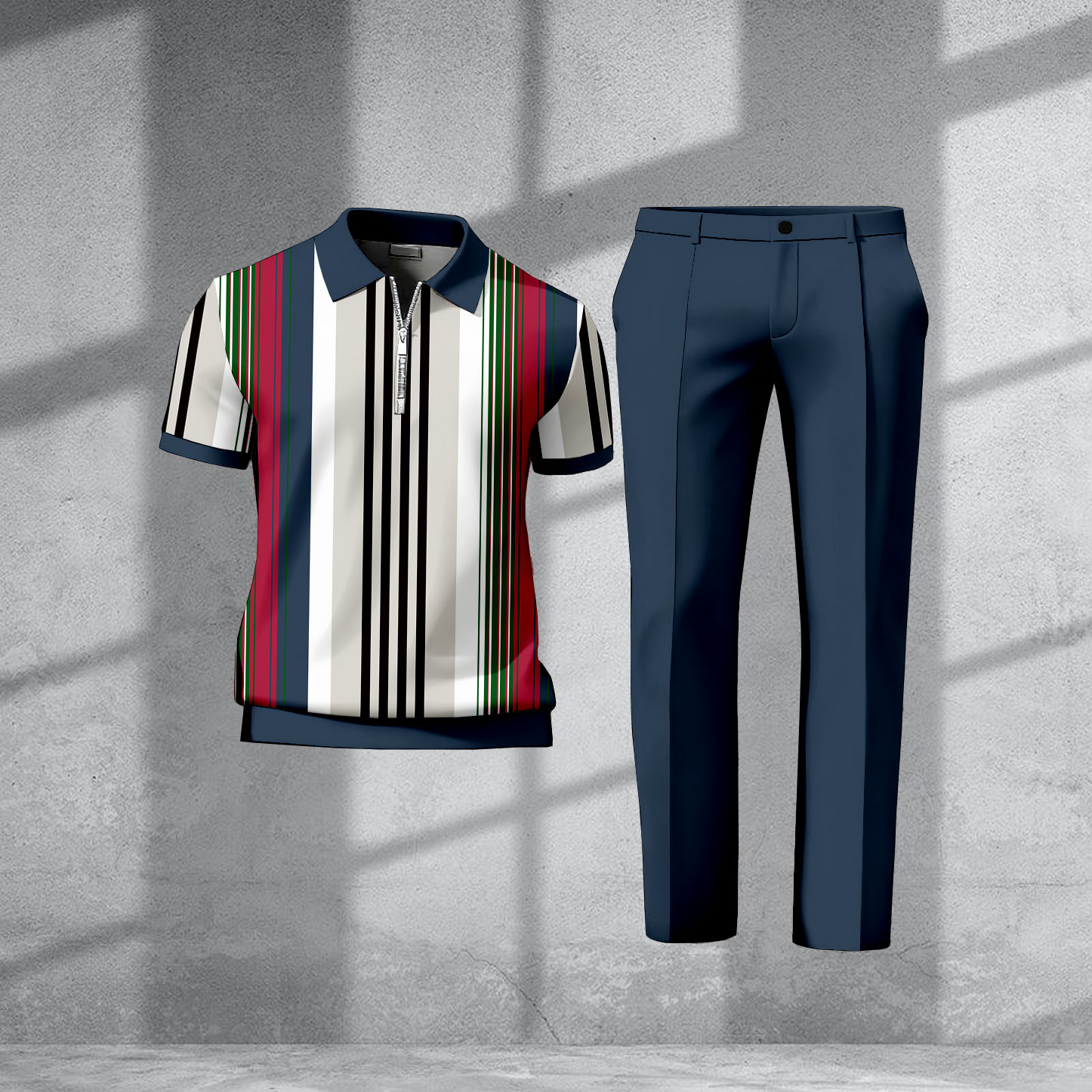 Men's Casual Color Matching Printed Short Sleeved Zipper Polo Shirt & Trousers Two-Piece Set