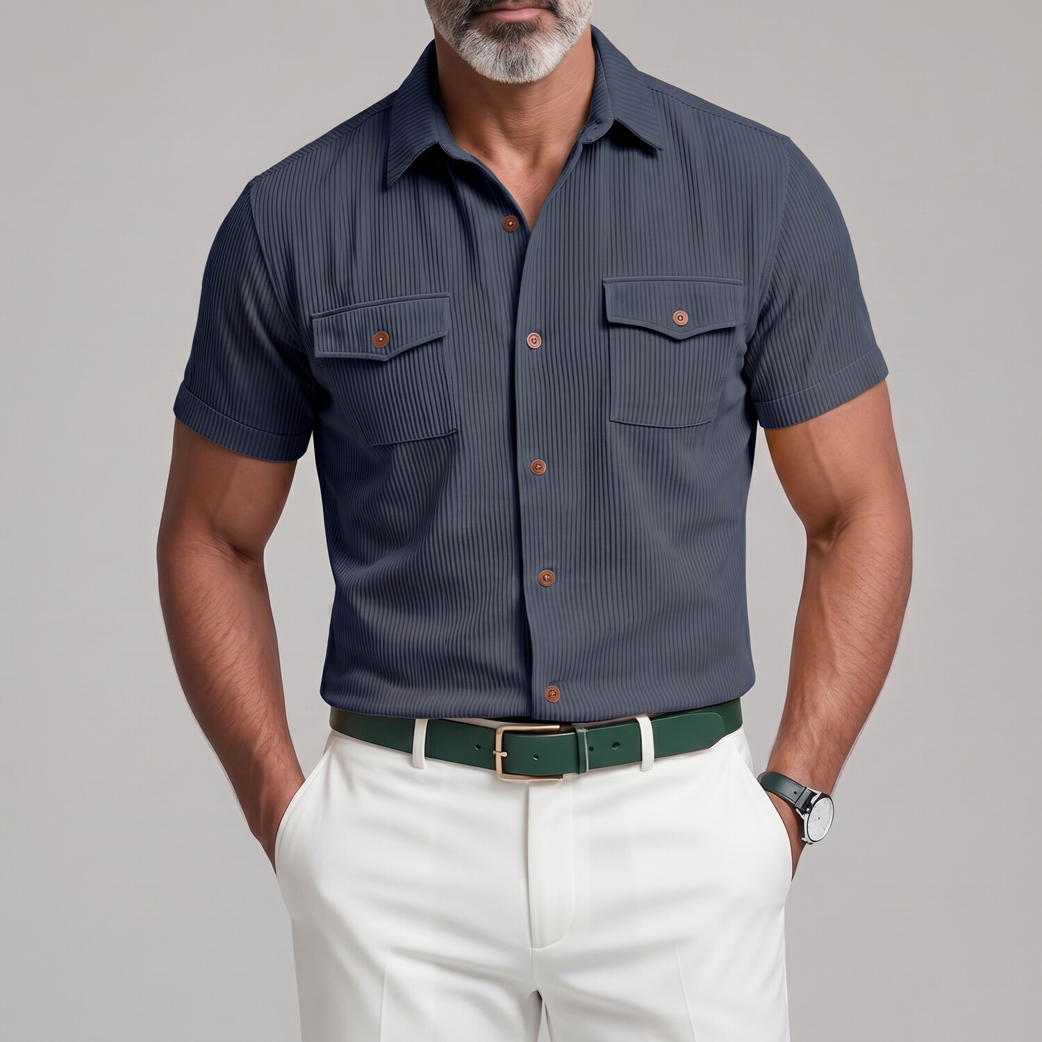 Men's Casual Corduroy Solid Color Multi-Pocket Short Sleeve Shirt ...