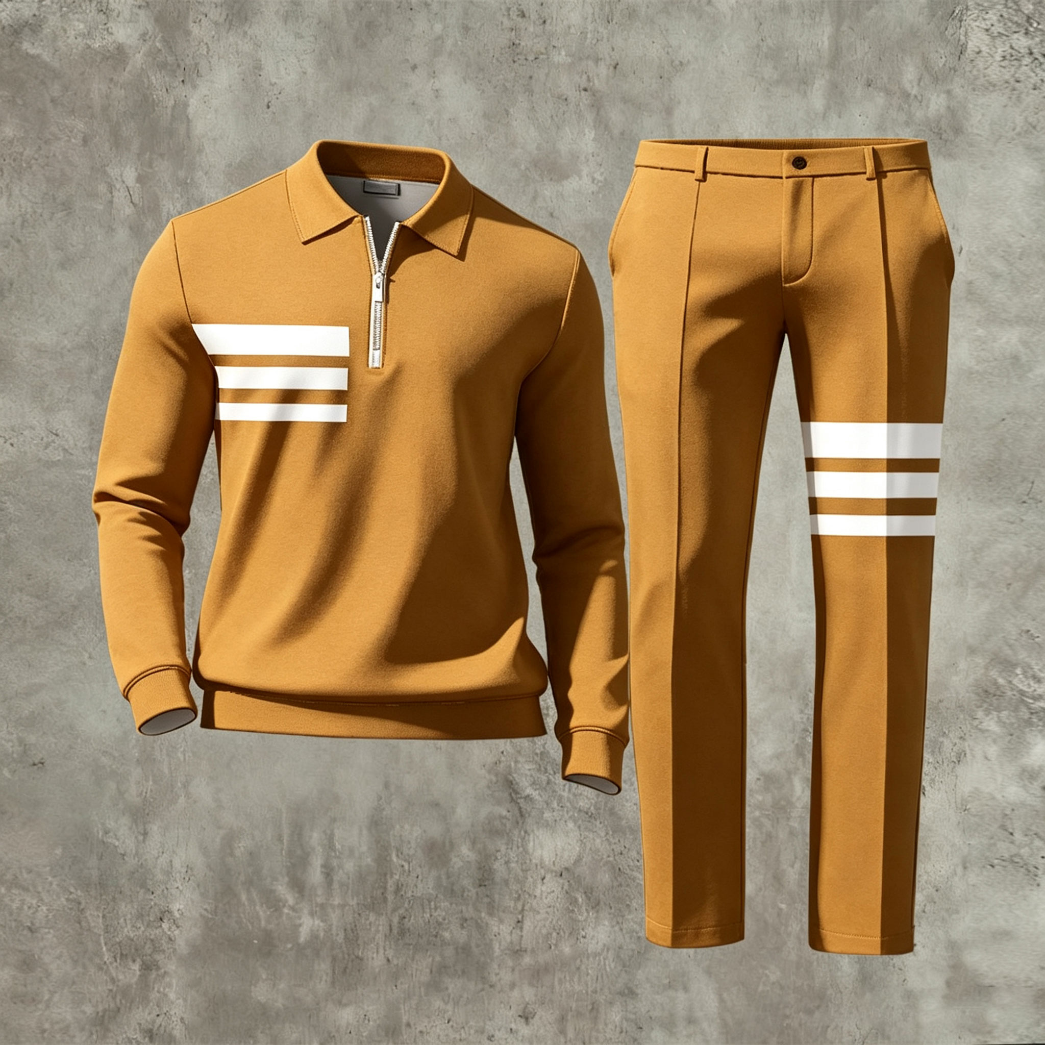 Men's Casual Black & White Color Matching Geometric Printed Polo-Collar Zipper Long Sleeved Trousers Two-Piece Set