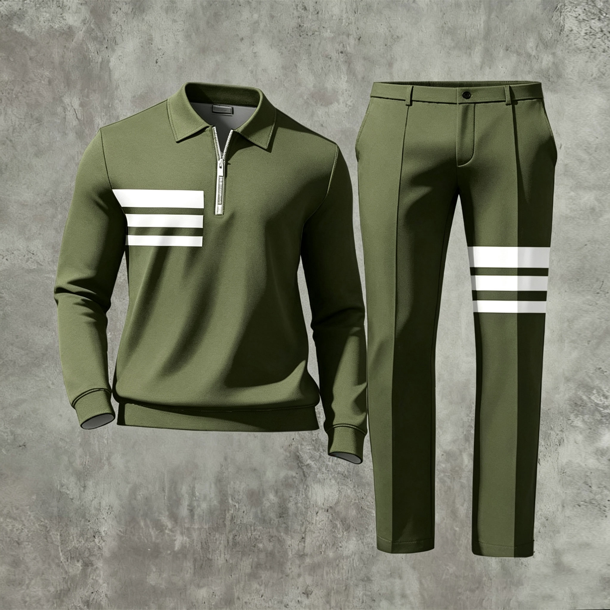Men's Casual Black & White Color Matching Geometric Printed Polo-Collar Zipper Long Sleeved Trousers Two-Piece Set