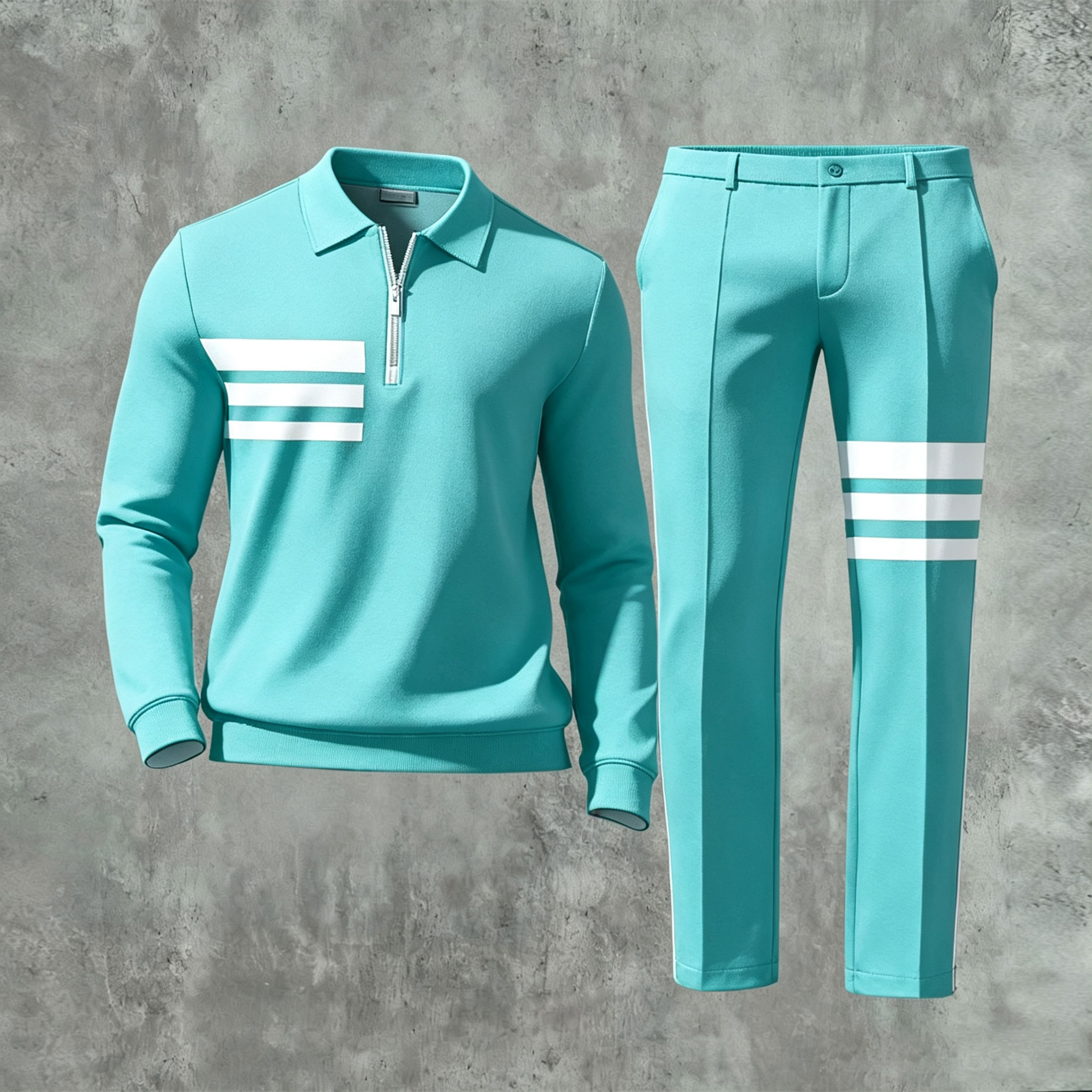 Men's Casual Black & White Color Matching Geometric Printed Polo-Collar Zipper Long Sleeved Trousers Two-Piece Set