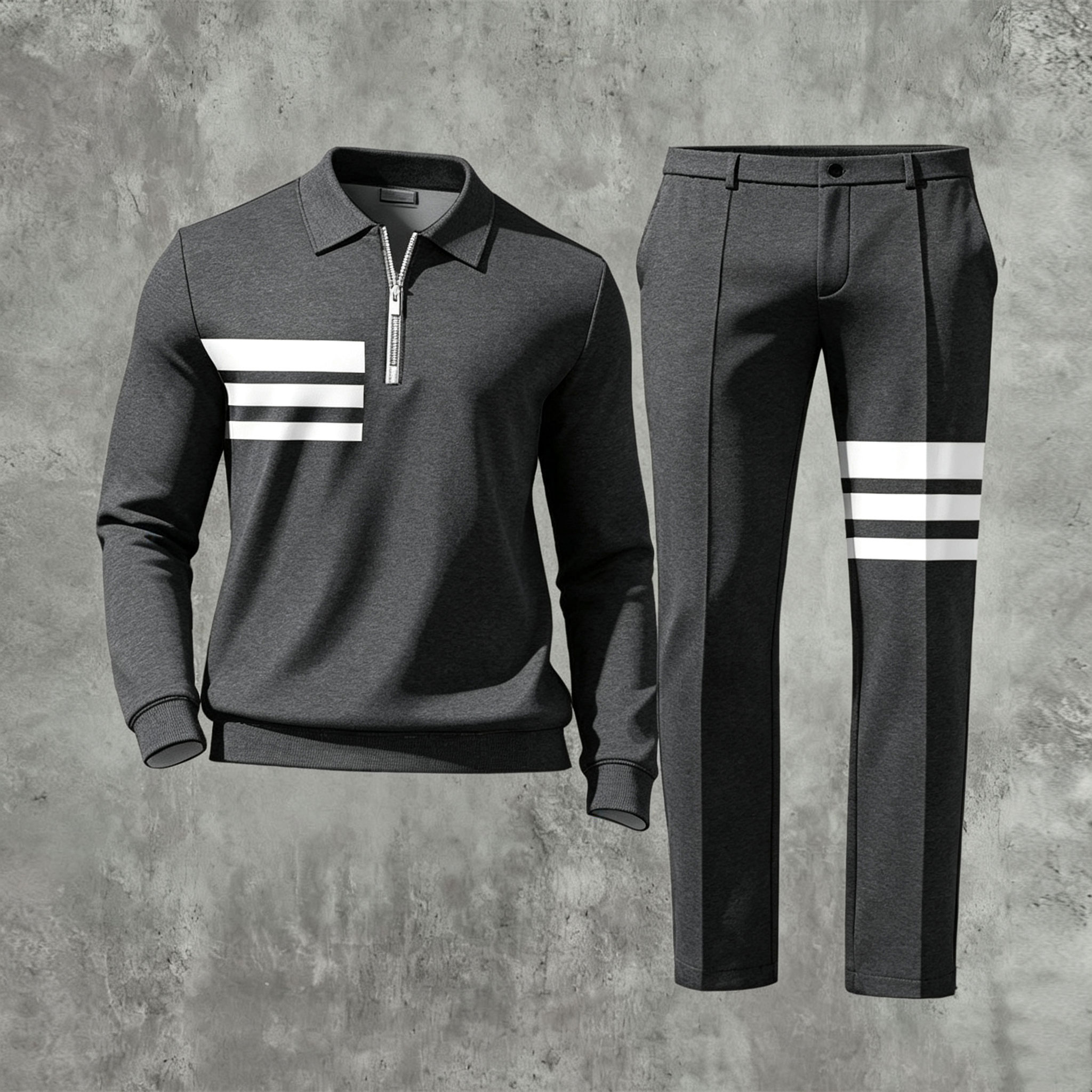 Men's Casual Black & White Color Matching Geometric Printed Polo-Collar Zipper Long Sleeved Trousers Two-Piece Set