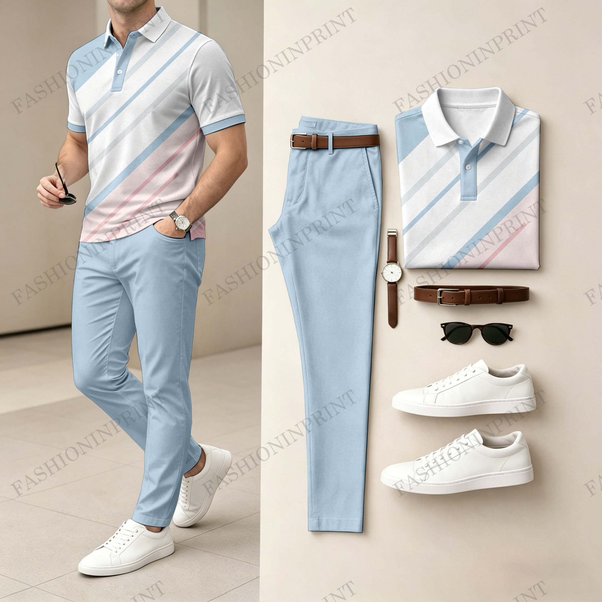 Men's Casual Black & White Twill Printed Polo Shirt And Pants Two-Piece Set