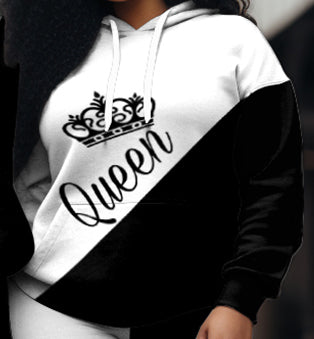 Couple's Large Size Casual Couple Outfit Color Blocked KING QUEEN Hoodie Set