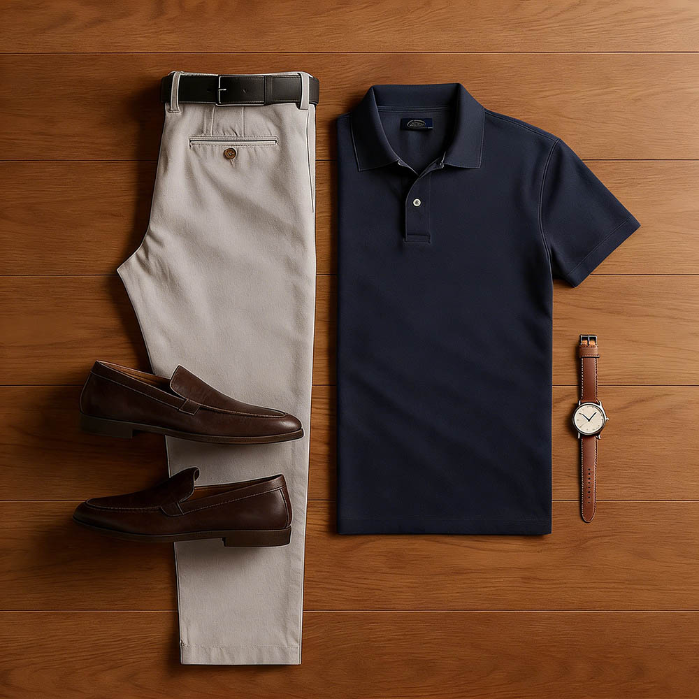 Men's Casual Navy Blue & Gray Khaki Color Matching Short Sleeved Polo Shirt & Trousers Two-Piece Set