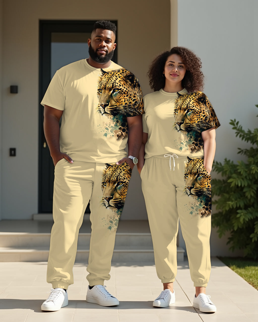 Couple Focused Leopard Love Symbolic T-Shirt Trousers Suit Large Size