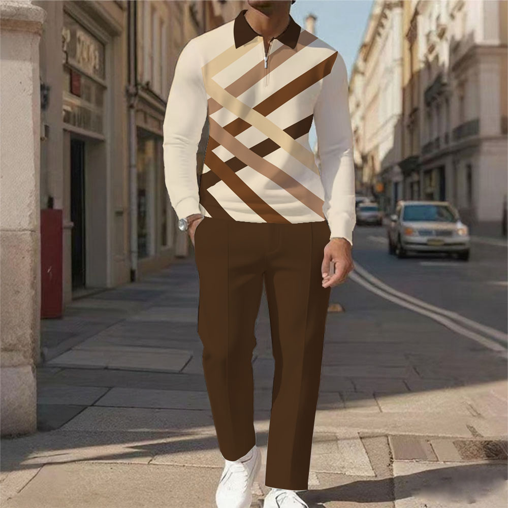 Men's Casual Color Matching Printed Polo-Collar Zipper Long Sleeved Trousers Two-Piece Set 1027