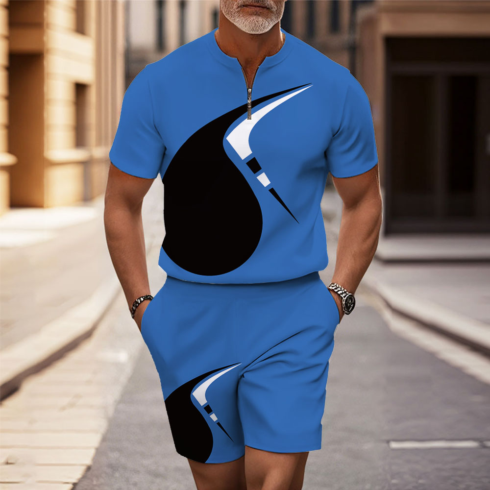 Men's Fashion Casual Round-Neck Geometric Printed Short-Sleeved Two-Piece Set