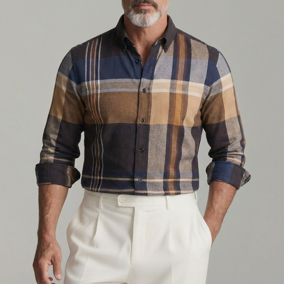 Men's Business Casual Plaid Shirt Collar Single Breasted Long Sleeve Shirts