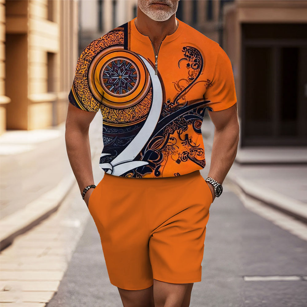 Men's Fashion Casual Round-Neck Geometric Printed Short-Sleeved Two-Piece Set