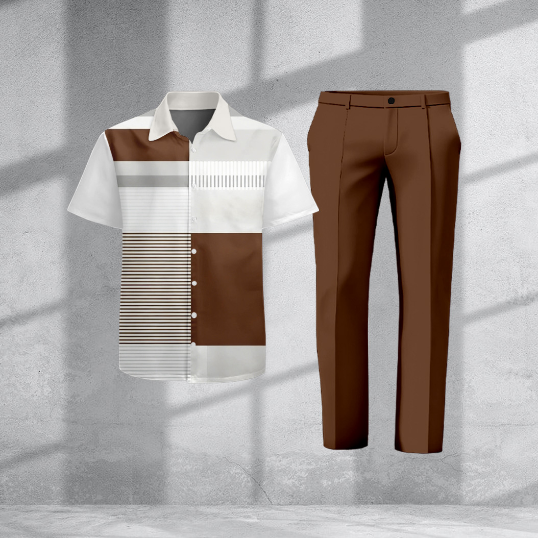 Men's Casual Color Block Striped Print Short-Sleeve Shirt And Pants Two-Piece Set