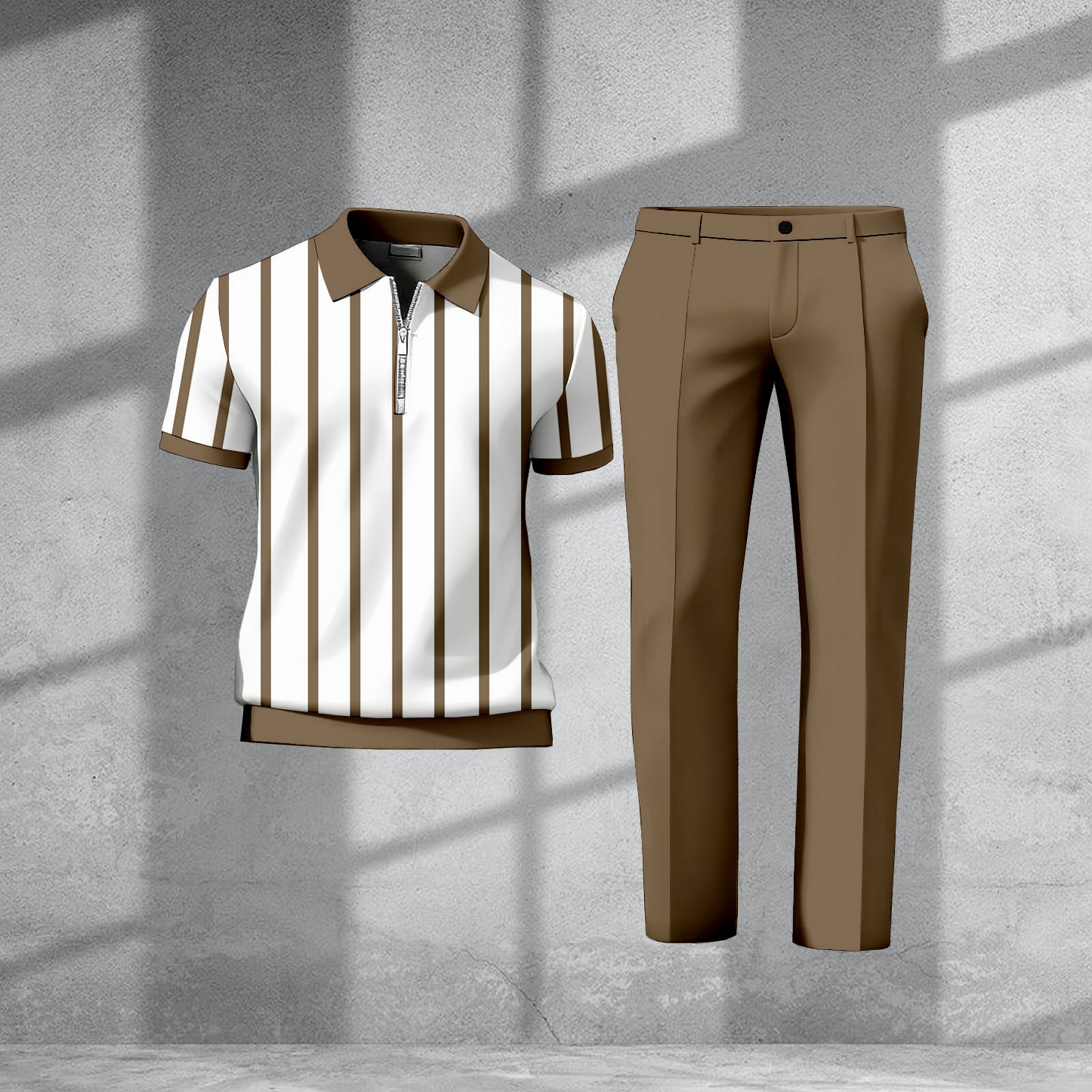 Men's Casual Brown & White Color Matching Striped Printed Zipper Short Sleeved Polo Shirt & Trousers Two-Piece Set