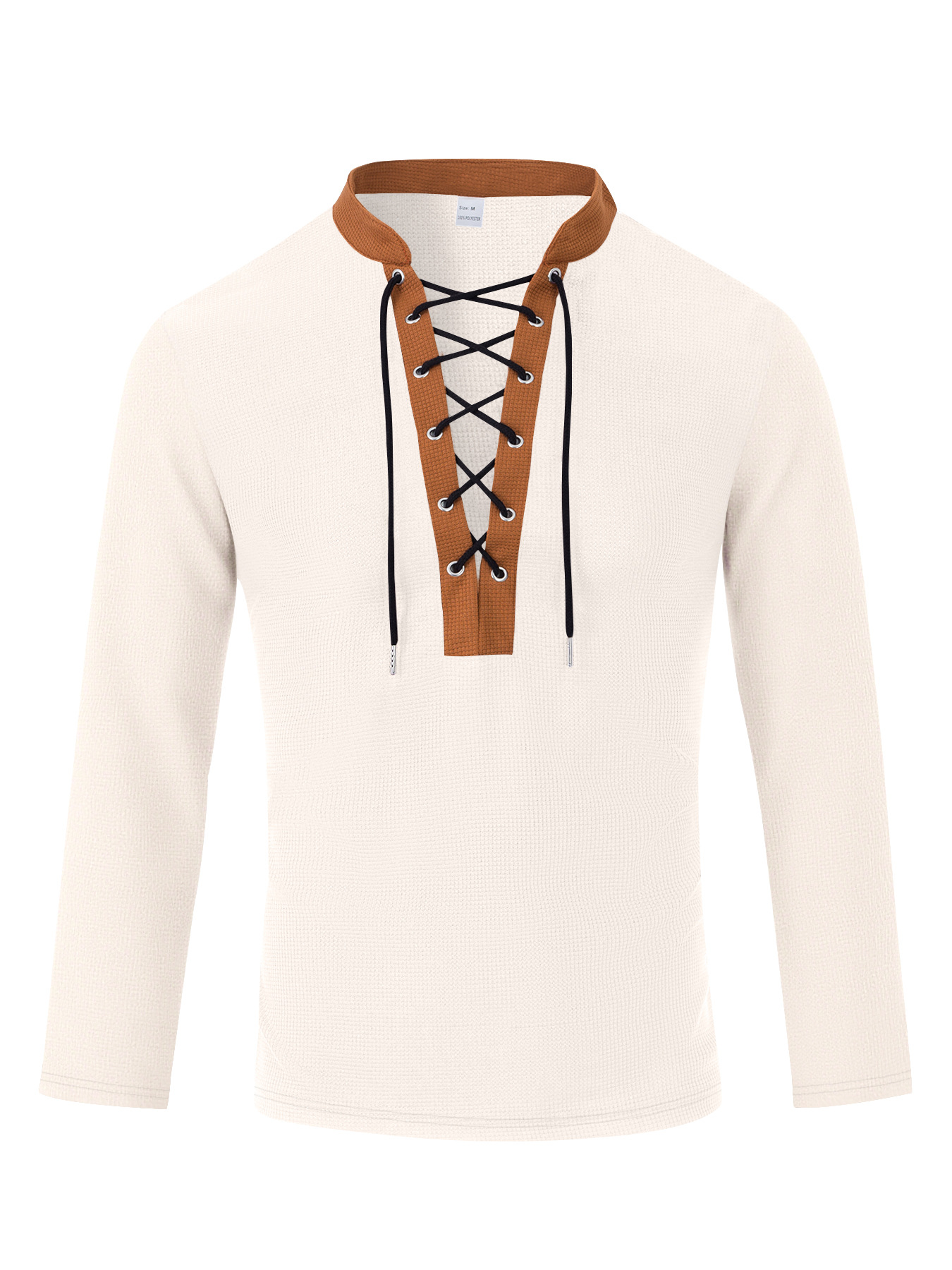 Men's Casual Solid Color Waffle V-Neckb Bandage Long Sleeved T-Shirts