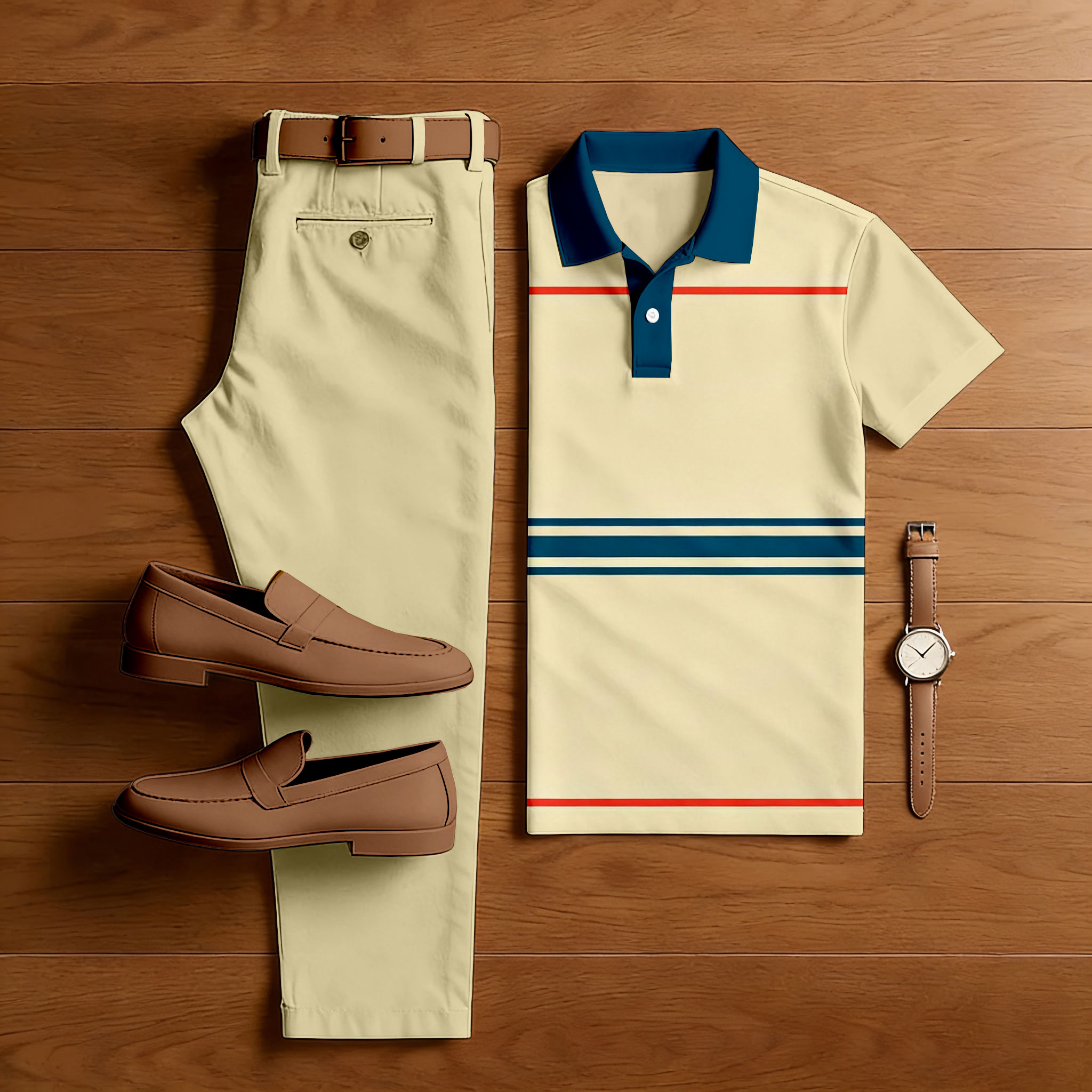 Men's Casual Yellow & Blue Color Matching Striped Printed Short Sleeved Polo Shirt & Trousers Two-Piece Set