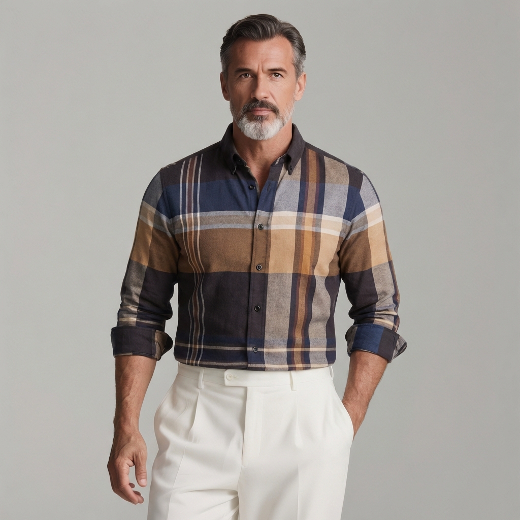 Men's Business Casual Plaid Shirt Collar Single Breasted Long Sleeve Shirts