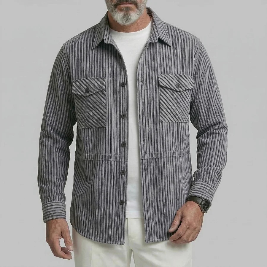 Men's Casual Dim Gray Striped Print Flap Pockets Turndown Collar Shirt