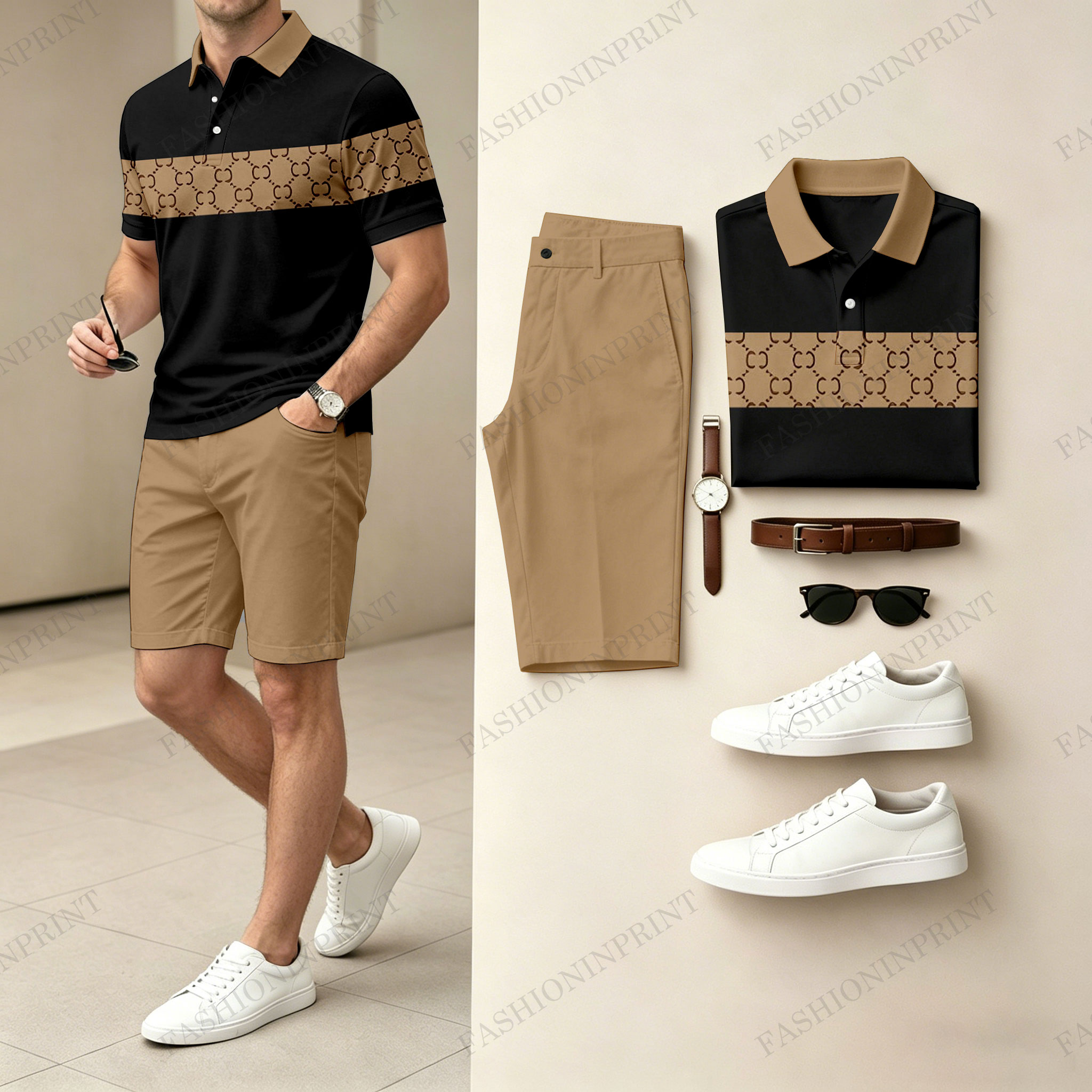 Men's Casual Geometric Color Polo Shirt & Shorts Two-Piece Set