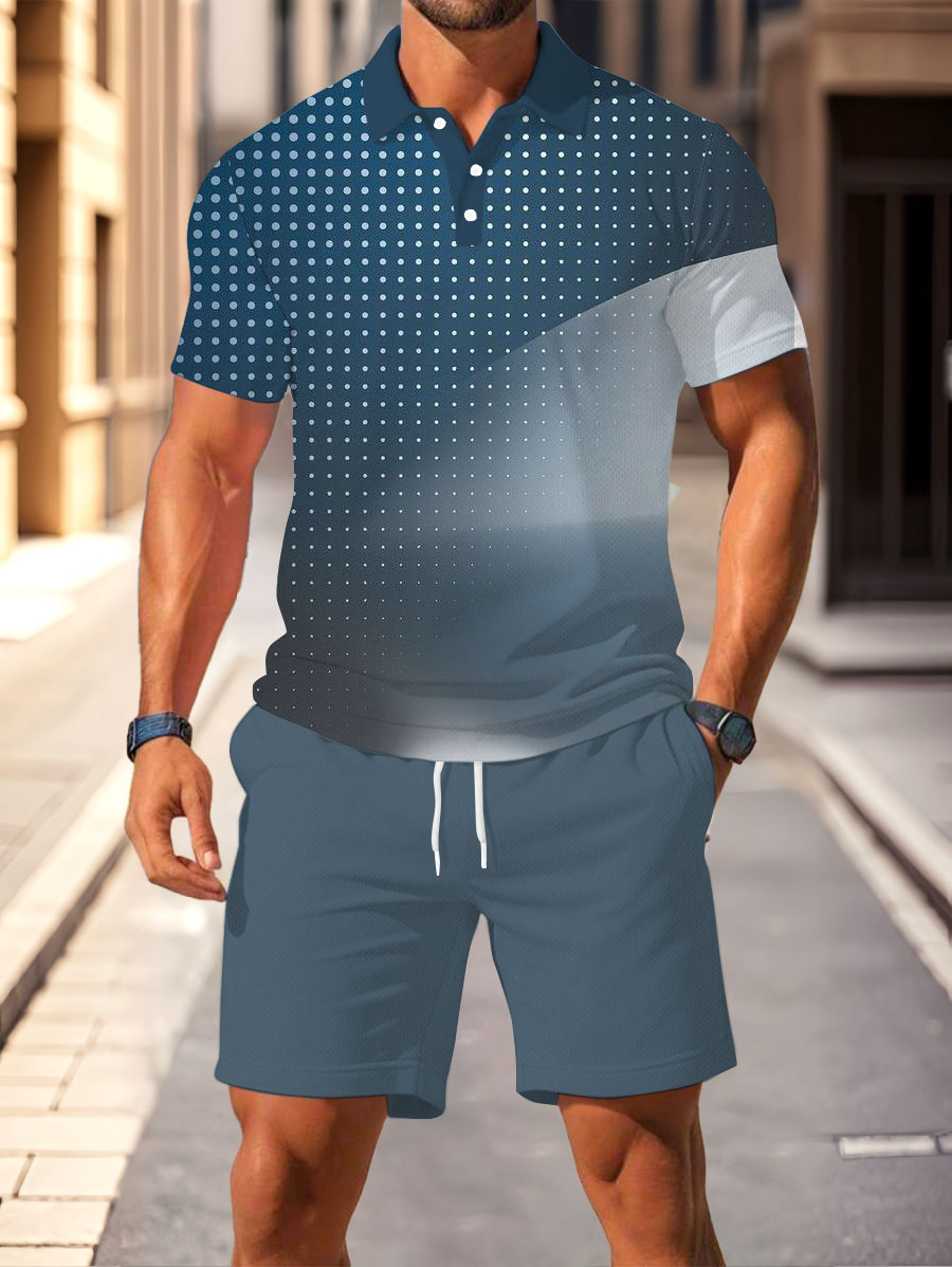 Men's Fashion Casual Polo Collar Geometric Printed Short-Sleeved Two-Piece Set