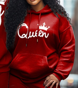 Couple Big Casual Outfit Red King and Queen Hoodie Set