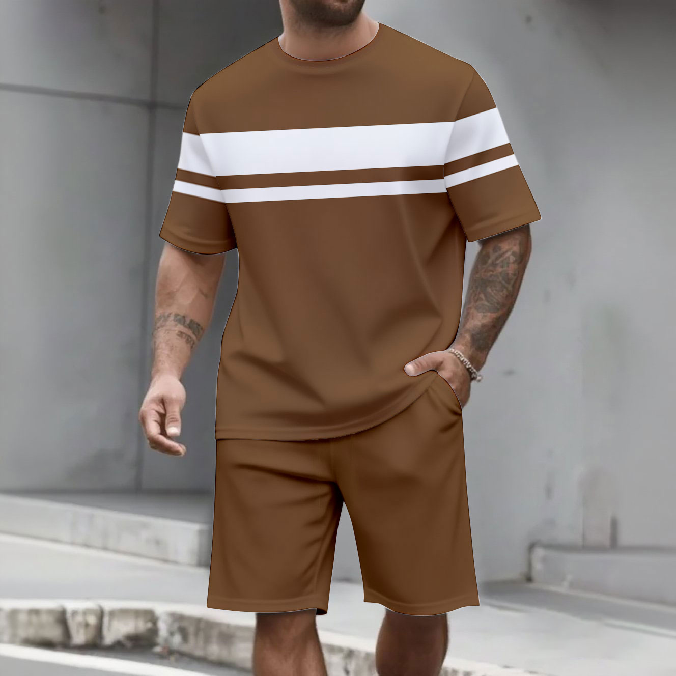 Men's Fashion Casual Color Matching Printed Short-Sleeved Two-Piece Set