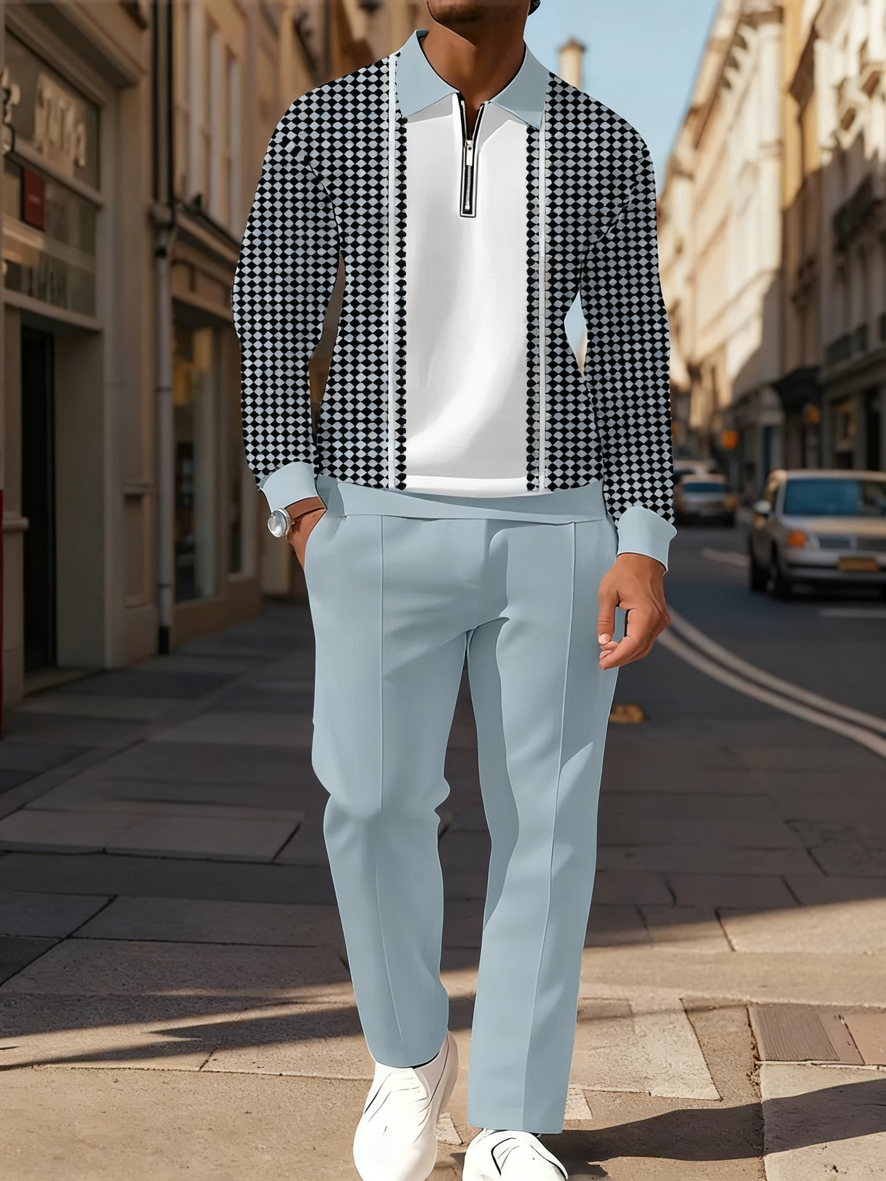 Men's Casual Colorblock Personalized Long Sleeve Polo Shirt Set  009