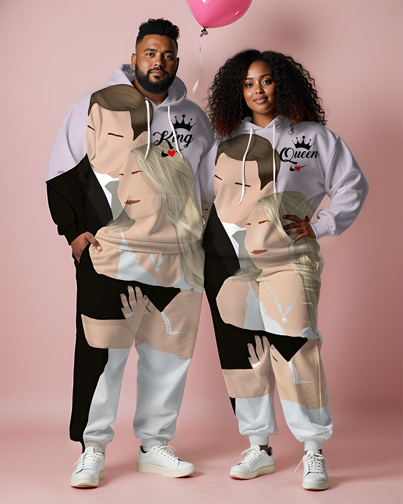Couple Plus Size Couple Wedding Cartoon Pattern Crown Print Hoodie Set